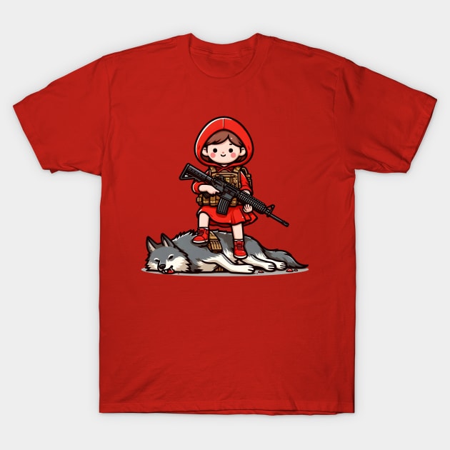 Tactical Little Red Riding Hood Adventure Tee: Where Fairytales Meet Bold Style T-Shirt by Rawlifegraphic